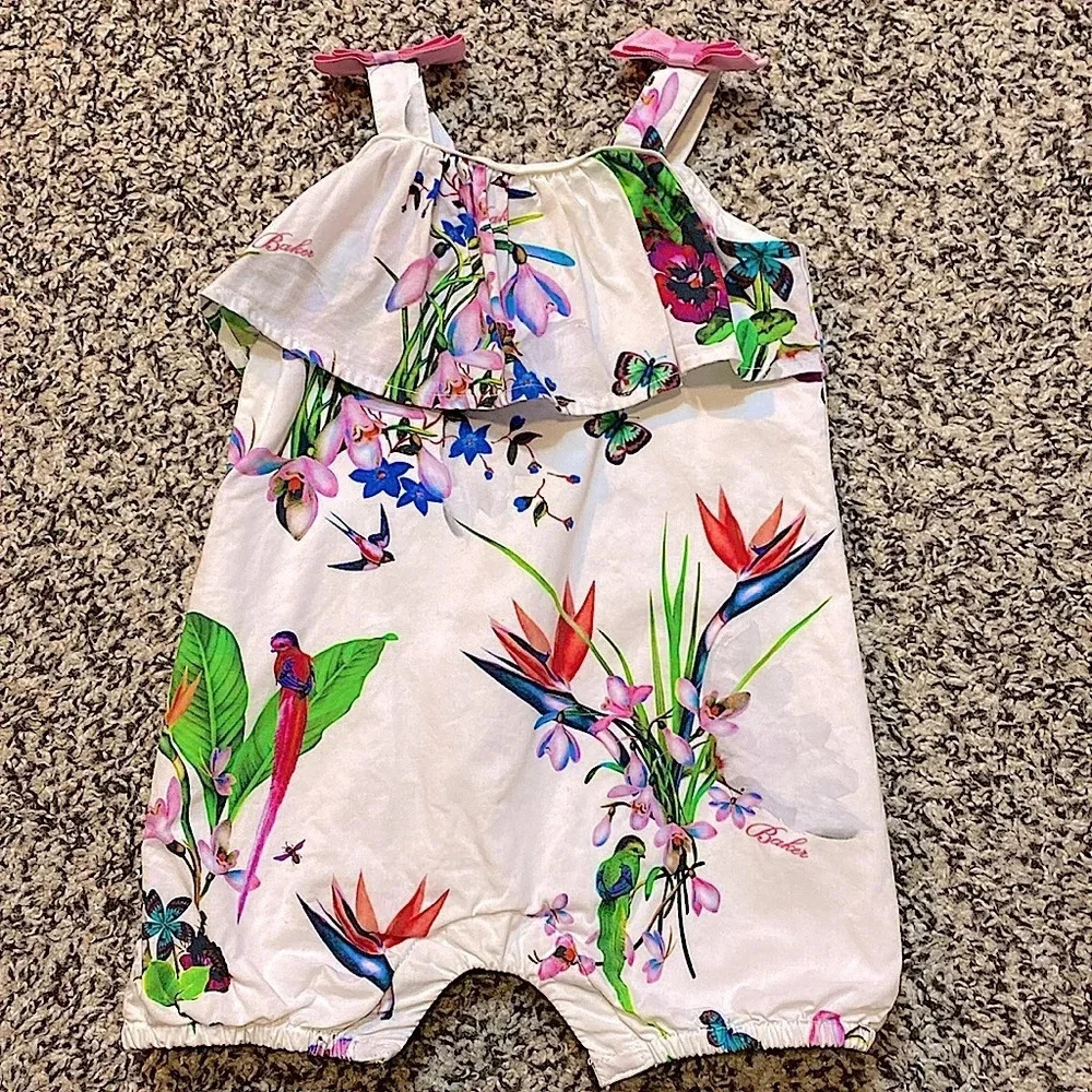 Baker by Ted Baker Tropical Print Baby Bubble Romper with Pink Bows on Shoulders